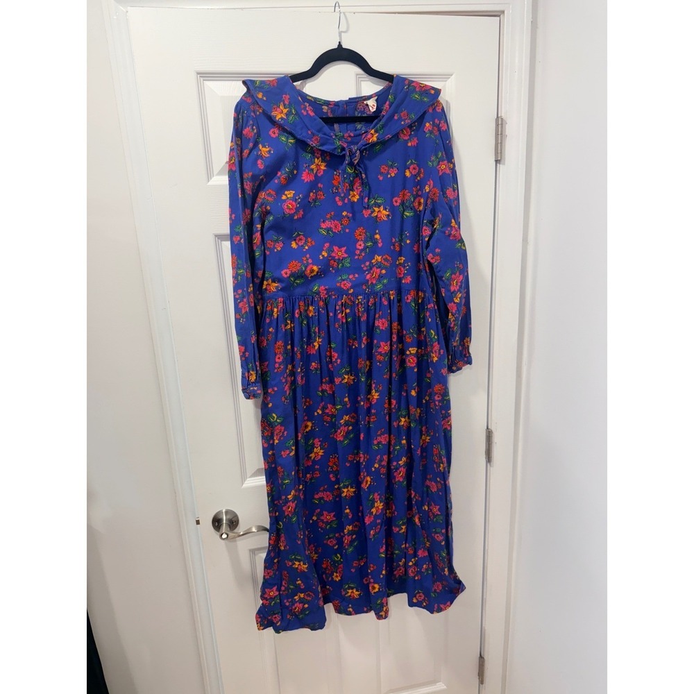 Hanna Andersson Vintage Floral Sailor Collar Cotton Midi Dress Blue Womens L